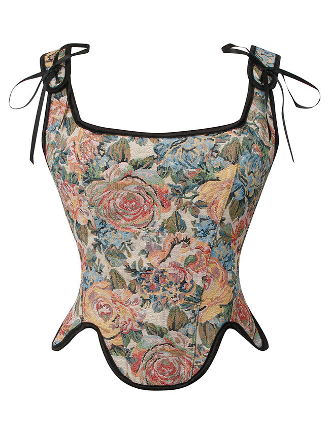 Charmian Women's Renaissance Vintage Floral Boned Lace Up Corset Vest with Zipper Yellow Main Image