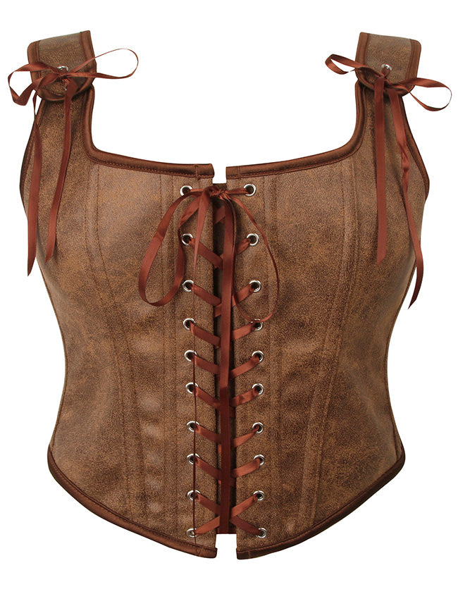 Faux Suede Renaissance Pirate Costume Overbust Bustier Corset Top Brown / XS/Fit Bust:29.9''-31.5'', Fit Waist:23.6''-25.2''