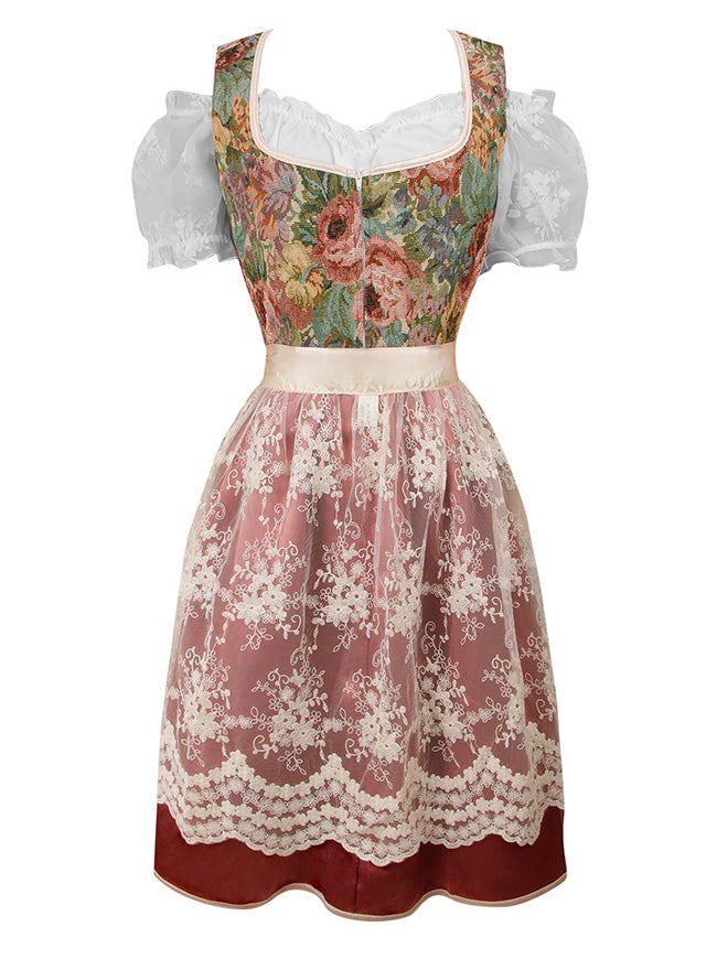 3-Piece Bavarian Dirndl Dress Renaissance Vintage Floral Oktoberfest Costume
