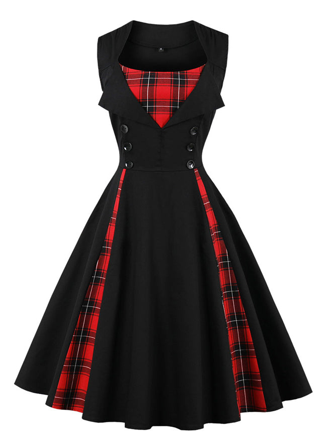 1950s Style Retro Vintage Rockabilly Dress with Plaid Patchwork - Black / XX-Large 1950s Style Retro Vintage Rockabilly Dress with Plaid Patchwork - Black / XX-Large