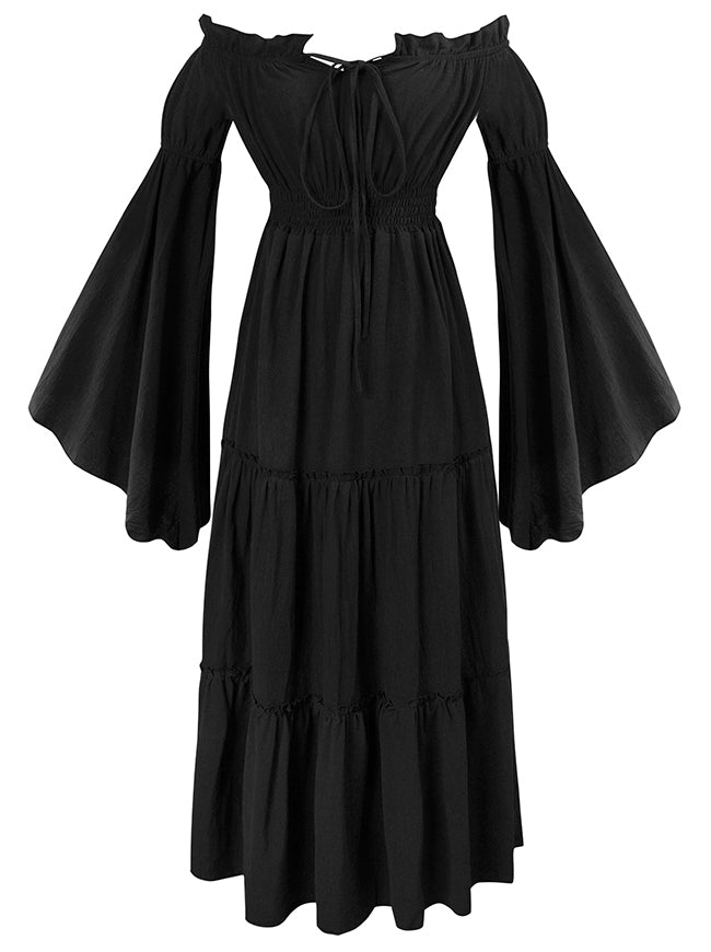 Renaissance Medieval Off-Shoulder Smocked Peasant Dress with Long Sleeves Black / M / Fit Bust: 47.2"-48.8", Fit Waist: 27.6"-29.1" Renaissance Medieval Off-Shoulder Smocked Peasant Dress with Long Sleeves Black / M / Fit Bust: 47.2"-48.8", Fit Waist: 27.6"-29.1"