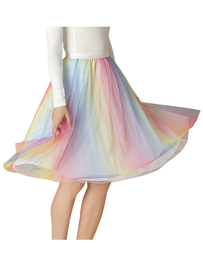 Womens Elastic High Waist Pleated Mesh Flowy A-Line Skirt Model View