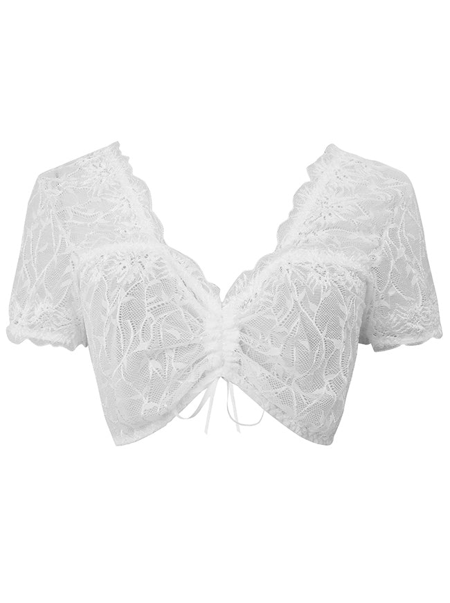 Charmian Women's Vintage Summer Deep V Neck Lace Short Sleeve Shirt Blouse Crop Top White Main Image