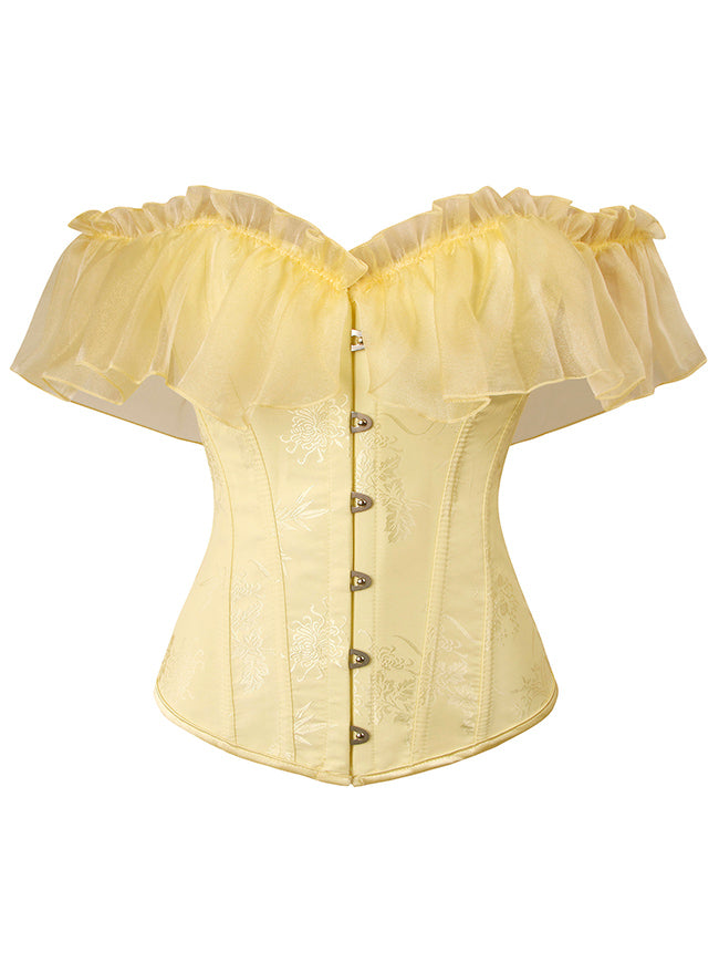 Charmian Women's Victorian Vintage Off Shoulder Ruffle Floral Lace Up Overbust Corset Top Yellow Main Image
