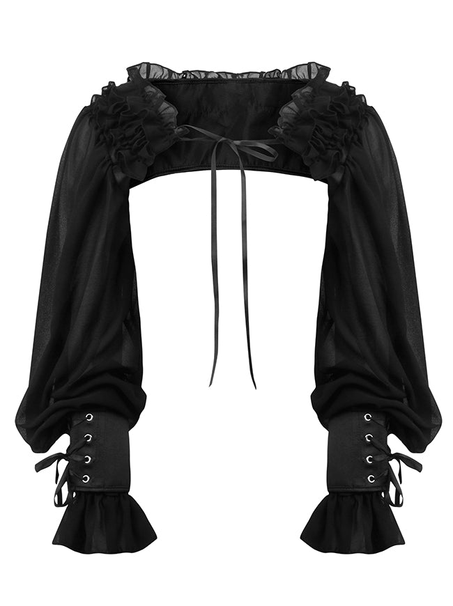 Charmian Women's Gothic Victorian Ruffled Trim Bolero Shrug with Sheer Long Sleeve Black Main Image