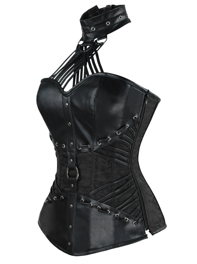 Steampunk Halter Faux Leather Steel Boned Overbust Corset Black Side View