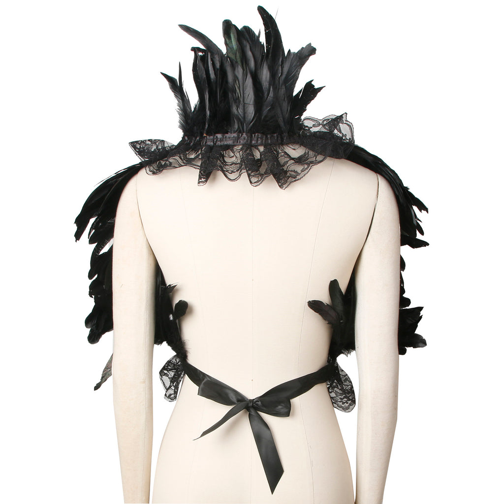 Fashion Black Natural Feather Gothic Cape Shawl with Choker Collar Back View