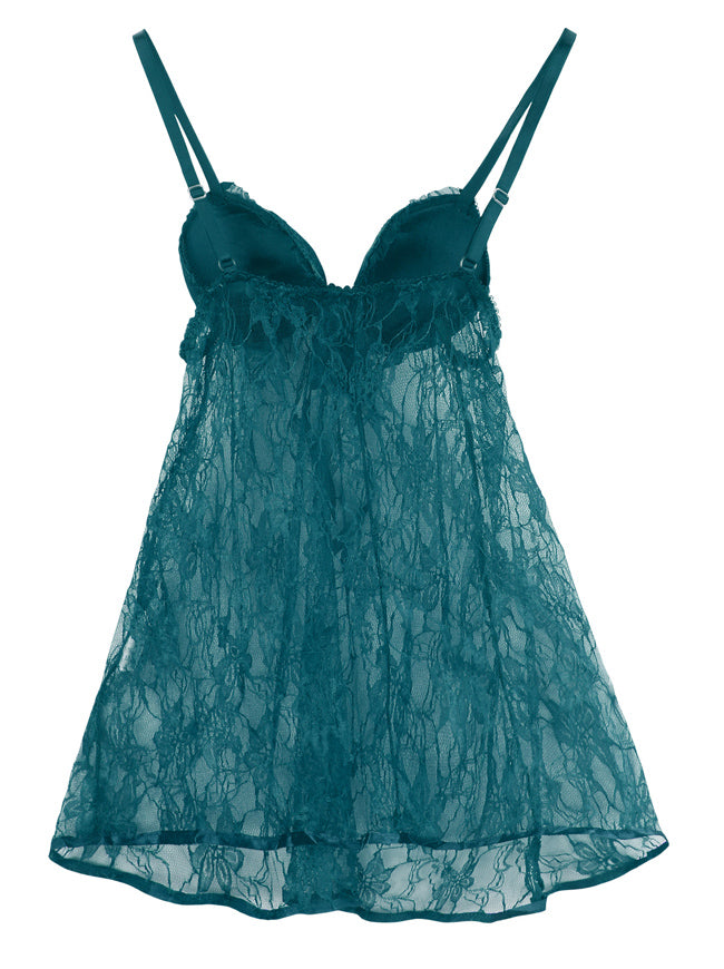 Women's Valentines See-through Lace Babydoll Sleepwear Chemise Lingerie Outfits Dark Green Back View