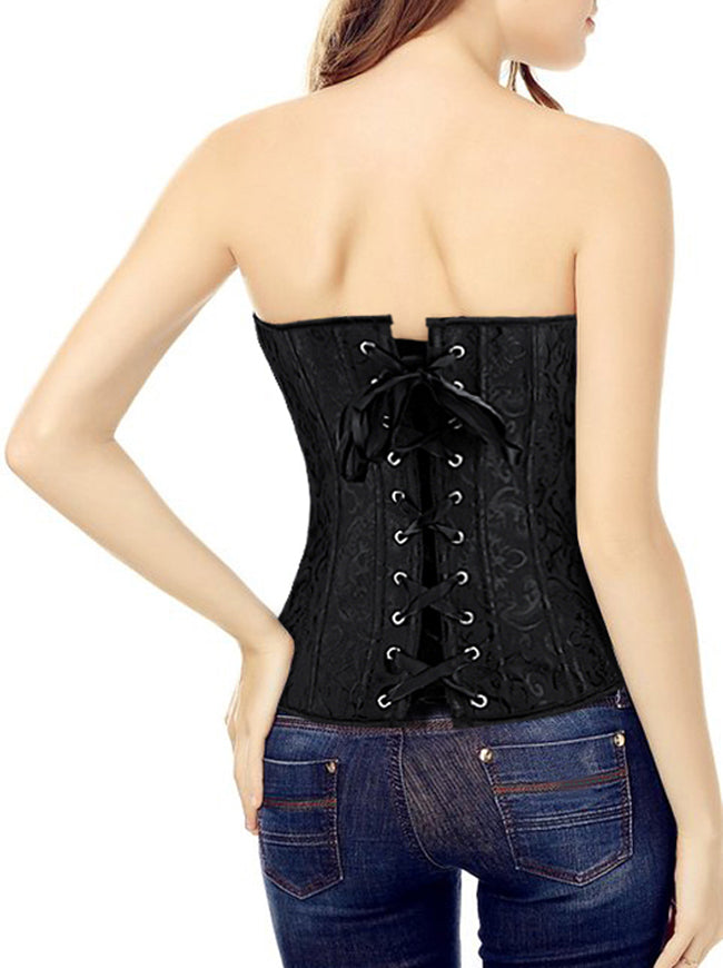 Vintage Jacquard Sweetheart trägerloses Überbrustkorsett Modell Rückansicht