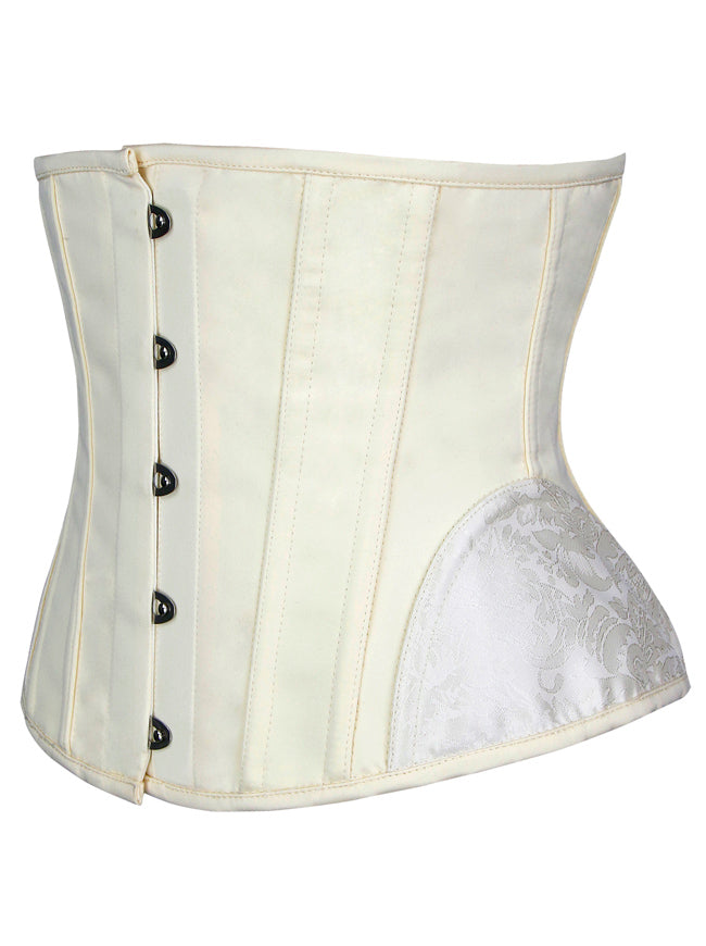 Klassisches Vintage-Korsett-Top für Damen in Aprikosen-Jacquard-Optik mit gotischem Spiralmuster, Stahlstäben und trägerlosem Unterbrust-Design (Seitenansicht)