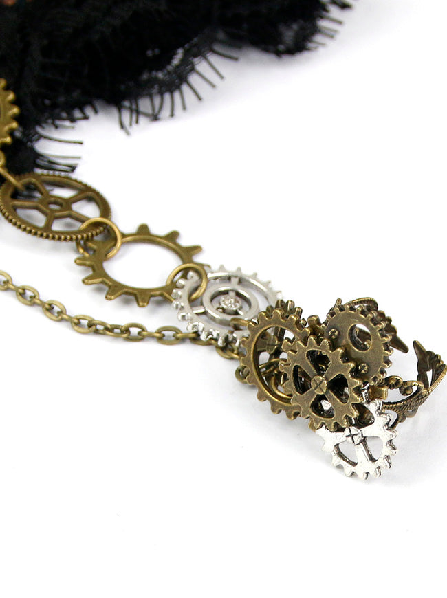 Steampunk-themed Faux Leather Bangle Gear Chains Bracelet Detail View