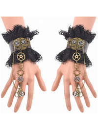 Steampunk Gothic Accessories Gear Leather Lace Wristband Bracelet with Ring Black Main Image