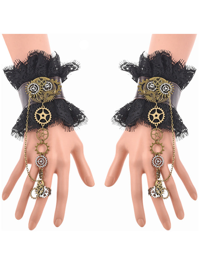 Steampunk Gothic Accessories Gear Leather Lace Wristband Bracelet with Ring Black Main Image