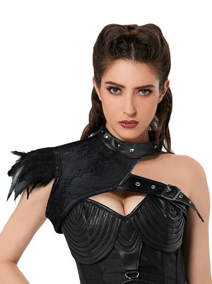 Black Feather One Shoulder Cosplay Corset Shrug Leather Shrug Detail View