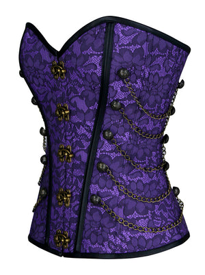 Mode féminine Jacquard acier désossé Busk fermeture taille serre-taille Bustier Corset avec chaînes vue de côté violet