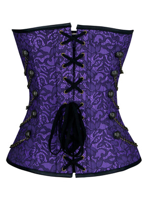 Women's Gothic Jacquard Steel Boned Busk Closure Overbust Corset with Chains Purple Back View