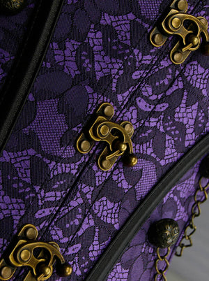 Women's Vintage Jacquard Steel Boned Busk Closure Brocade Corset with Chains Purple Detail View