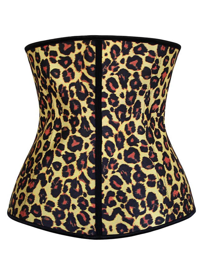 Women's Steel Boned Leopard Latex Hooks Waist Trainer for Weight Loss Underbust Yellow Back View