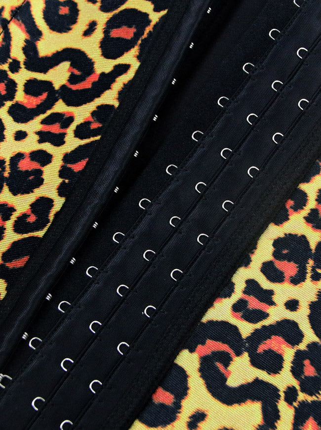 Women's Steel Boned Leopard Latex Hooks Workout Sport Waist Trainer Corset Yellow