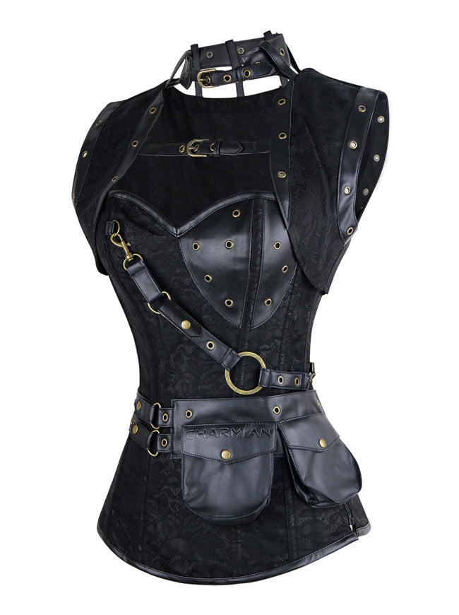 Steampunk الأسود عصر النهضة رخيصة الشرير القوطي الحزام الصلب الجوفاء المخصر overbust هالوين أعلى عرض الجانب