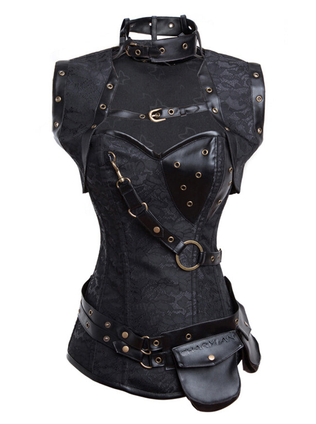Steampunk Gothic Retro Spiral Steel Boned Corset Bustier Top Black Main Image