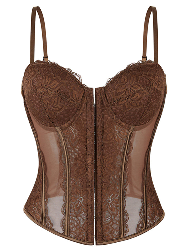 Charmian Women's Y2K Lace Mesh Corset Top with Adjustable Straps Brown Main Image