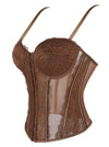 Mesh Corset Tops for Women Y2K Bustier Corset Top with Straps Brown Back View