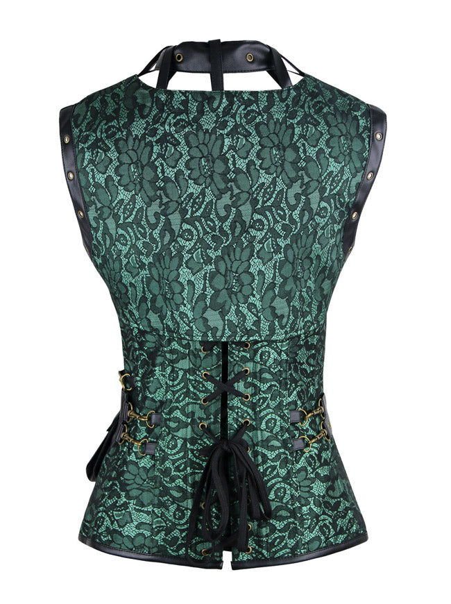 Viktorianisches gotisches Brokat-Bustier-Korsett mit Schnürung und Jacke (Detailansicht)