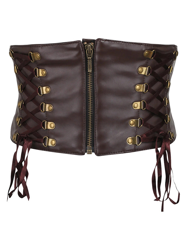 Charmian Women's Gothic Punk Faux Leather Elastic Wide Corset Waist Belt with Zipper Brown Main Image