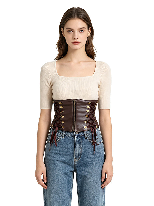 Brown Leather Corset Waist Belt Pirate Costume Model View