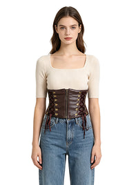 Brown Leather Corset Waist Belt Pirate Costume Model View