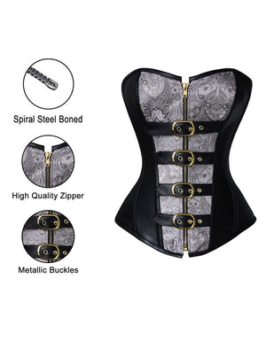 Women's Fashion 12 Spiral Steel Bones Waist Cincher Faux Leather Zipper Bustier Corset Black Detail View