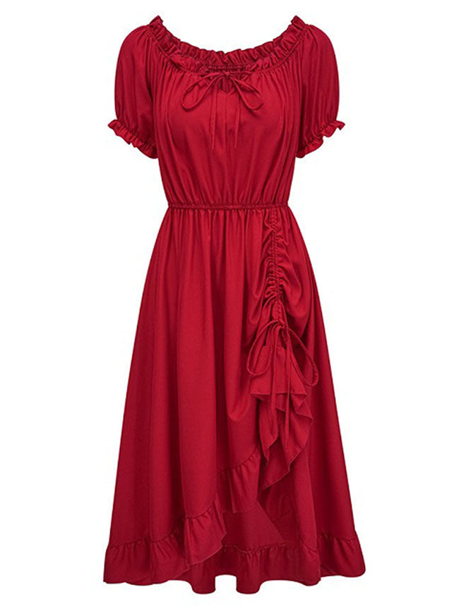 Charmian Women's Renaissance Style Off Shoulder Puff Sleeve Maxi Dress with Drawstring Hem Red Main Image