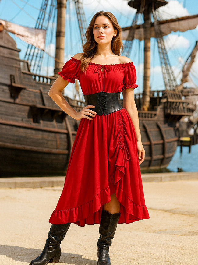 off the shoulder pirate dress Renaissance Style Off Shoulder Puff Sleeve Maxi Dress with Drawstring Hem