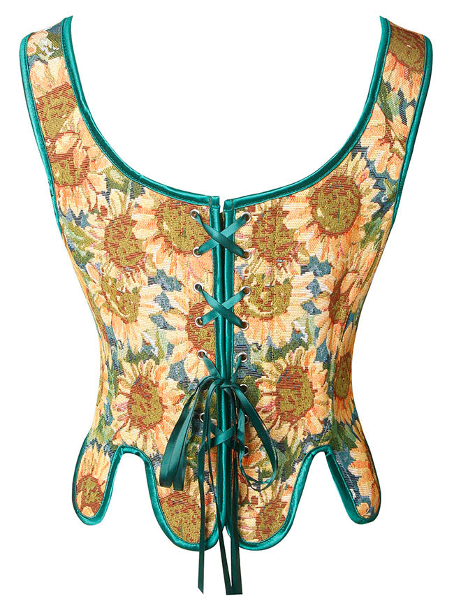 Vintage Jacquard Sunflower Waist Cincher Bodycon Overbust Corset Bustier Tops Back View