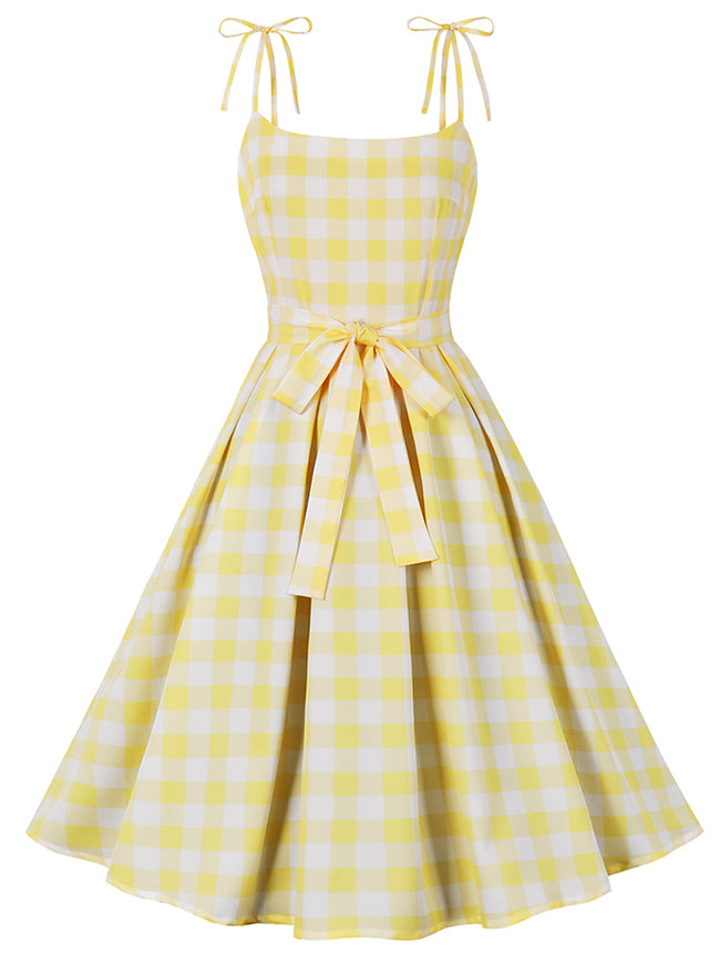 1950s Vintage A-Line Bowknot Spaghetti Strap Rockabilly Dress - Yellow / 2XL/Fit Bust 45.7"-47.6", Waist 37"-39" 1950s Vintage A-Line Bowknot Spaghetti Strap Rockabilly Dress - Yellow / 2XL/Fit Bust 45.7"-47.6", Waist 37"-39"
