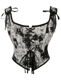 Charmian Women Renaissance Floral Overbust Corset Top Bustier Bodice with Zipper Black/White Main Image