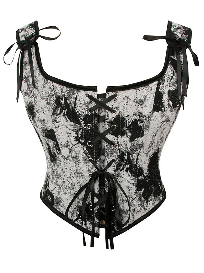 Charmian Women Renaissance Floral Overbust Corset Top Bustier Bodice with Zipper Black/White Main Image