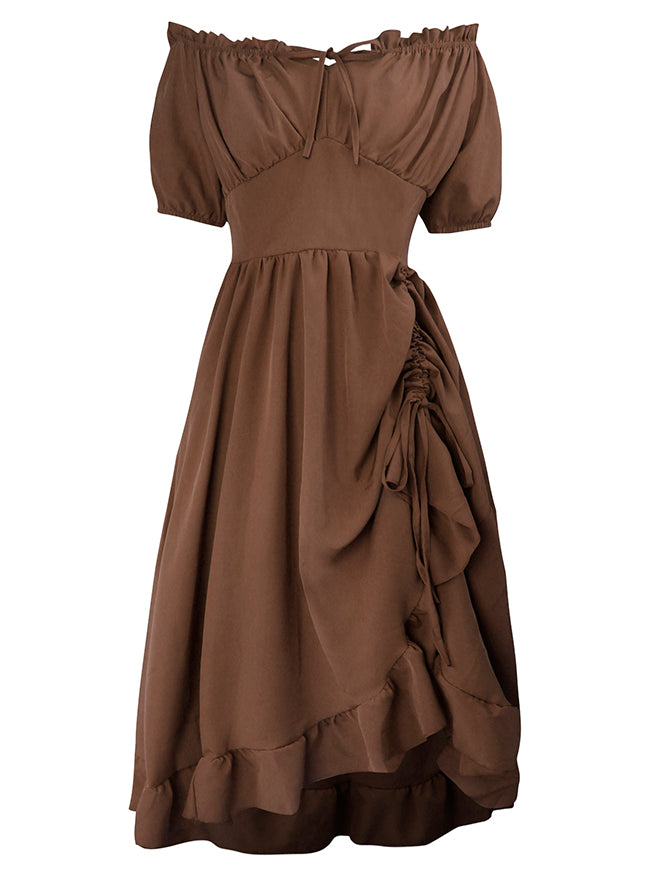 Charmian Women's Renaissance Off-Shoulder Ruffle Drawstring Midi Costume Dress Brown Main Image