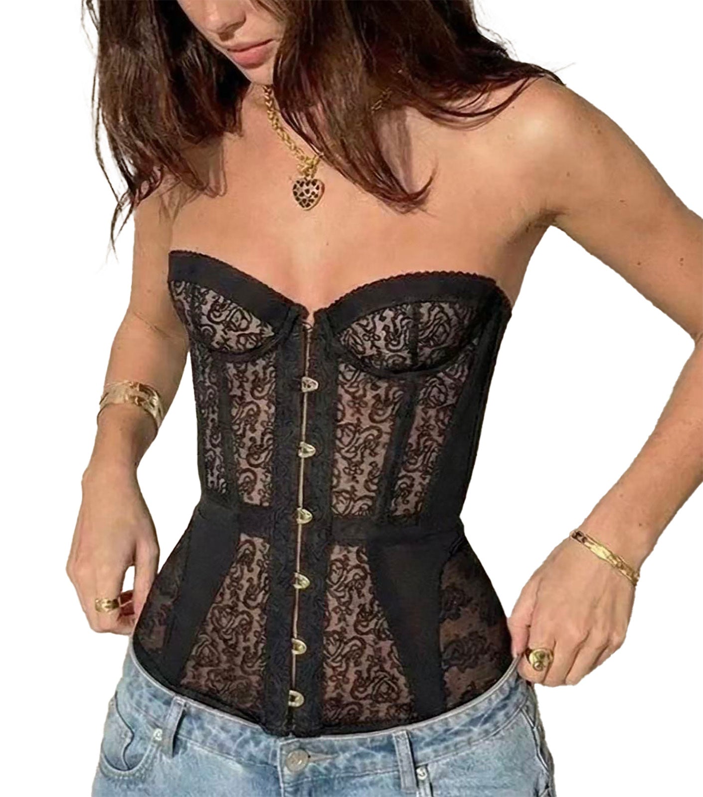 Charmian Women's Strapless Floral Sheer Lace Overlay Bustier Corset Top Black Main Image