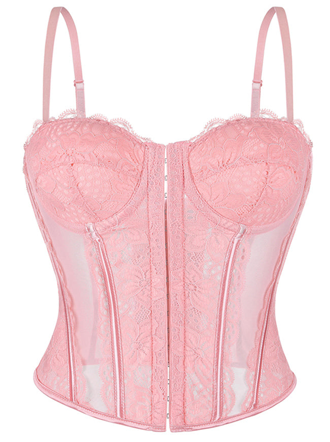 Charmian Women's Y2K Lace Mesh Corset Top with Adjustable Straps Pink Main Image
