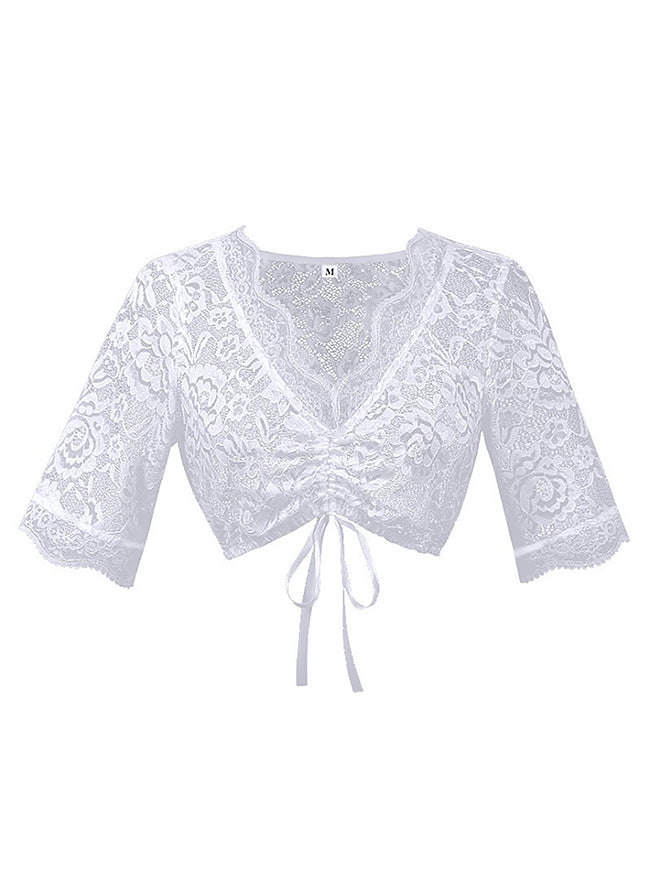 Charmian Women's Renaissance Lace Dirndl Blouse V Neck Short Sleeves Oktoberfest Shirt Drawstring/White Main Image