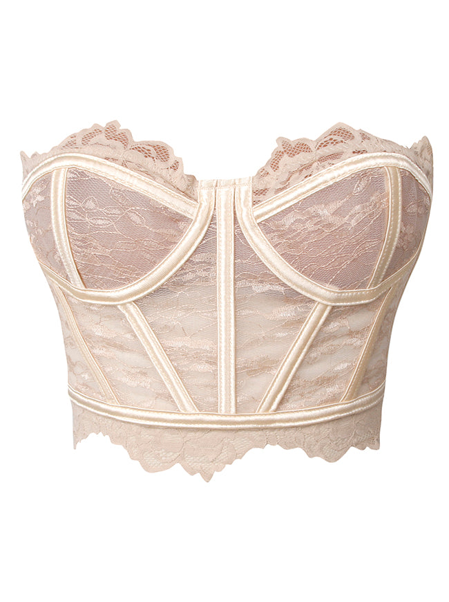 Charmian Women's Y2K Strapless Lace Corset Top Summer Sheer Boned Bustier Crop Top Apricot Main Image
