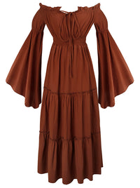 Charmian Women's Renaissance Medieval Off-Shoulder Smocked Peasant Dress with Long Sleeves Brown Main Image