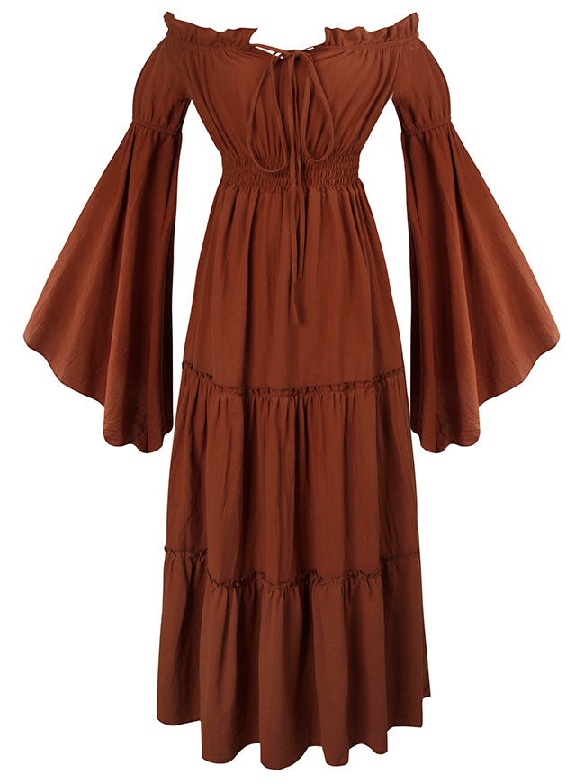 Charmian Women's Renaissance Medieval Off-Shoulder Smocked Peasant Dress with Long Sleeves Brown Main Image
