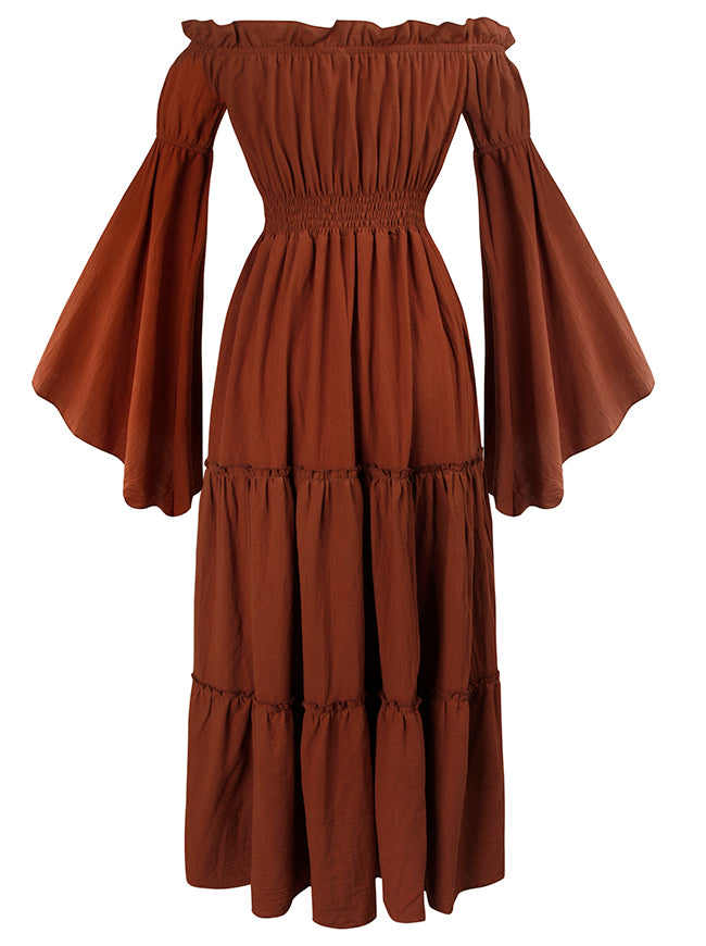 Renaissance Medieval Off-Shoulder Smocked Peasant Dress with Long Sleeves Green / M / Fit Bust: 47.2 Renaissance Medieval Off-Shoulder Smocked Peasant Dress with Long Sleeves Green / M / Fit Bust: 47.2