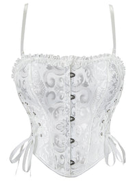 Charmian Women's Vintage Brocade Ruffle Trim Lace-Up Corset Top with Adjustable Straps White Main Image