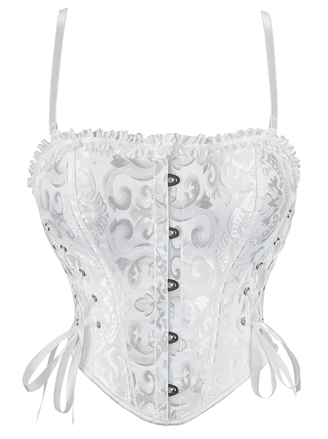 Charmian Women's Vintage Brocade Ruffle Trim Lace-Up Corset Top with Adjustable Straps White Main Image