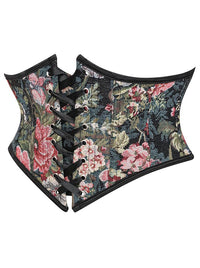 Vintage Floral Waspie Corset Girdle Belt Front Lace Up Black Back View