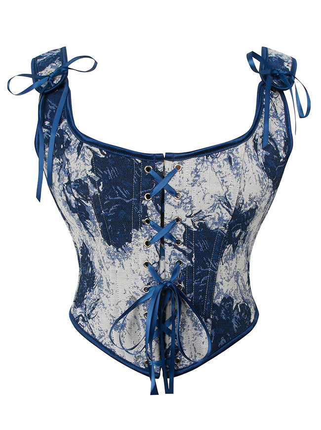 Charmian Women Renaissance Floral Overbust Corset Top Bustier Bodice with Zipper Blue Main Image